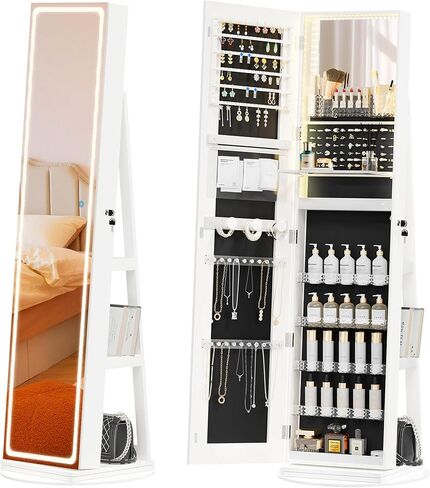 LED Mirror Jewelry Cabinet Standing, Swivel Jewelry Armoire with Full Length LED Mirror and Adjustable Lights, Lockable Jewelry Storage Organizer, Brown in Saudi Arabia