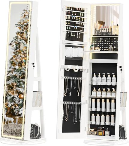 LED Mirror Jewelry Cabinet Standing, Swivel Jewelry Armoire with Full Length LED Mirror and Adjustable Lights, Lockable Jewelry Storage Organizer, Brown in Saudi Arabia