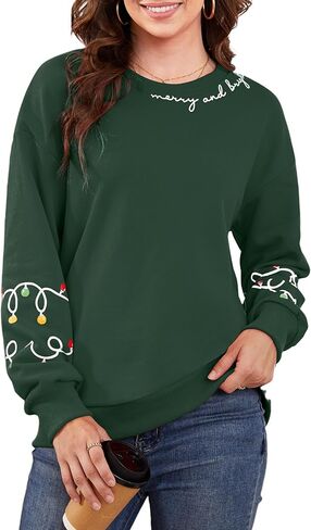 Gihuo Women's Christmas Sweatshirt Merry and Bright Holiday Pullover Long Sleeve Christmas Lights Design Soft Cotton Blend in Saudi Arabia