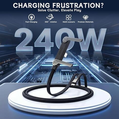 كابل شاحن حامل غير مرئي مع حامل - كابل شحن سريع USB-C 2 في 1 جانبي، سلك حامل هاتف مجدول قابل للطي بقدرة 240 وات للهواتف الذكية والأجهزة اللوحية in Kuwait