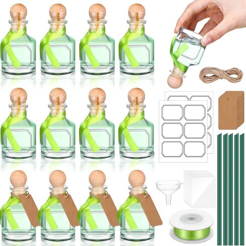 Baderke 24 قطعة 50 مل / 1.7 أونصة زجاجات راعي فارغة للمشروبات زجاجات تيكيلا صغيرة مع أغطية الفلين وشريط أخضر زجاجة زجاجية قابلة لإعادة الاستخدام لحفلات الزفاف والحرف اليدوية (زجاجة أسطوانية) in Saudi Arabia
