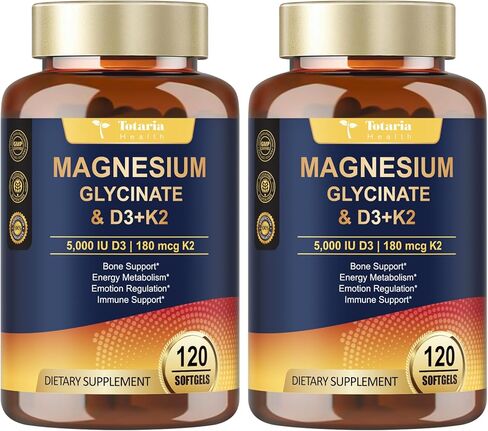 9-in-1 Magnesium Glycinate 500mg + Vitamin D3 5000 IU & K2 Complex - High Absorption - Healthy Stress, Sleep, Muscle Function, Bone Health & Energy Supports | Non-GMO, Gluten-Free 120 Softgels in Saudi Arabia