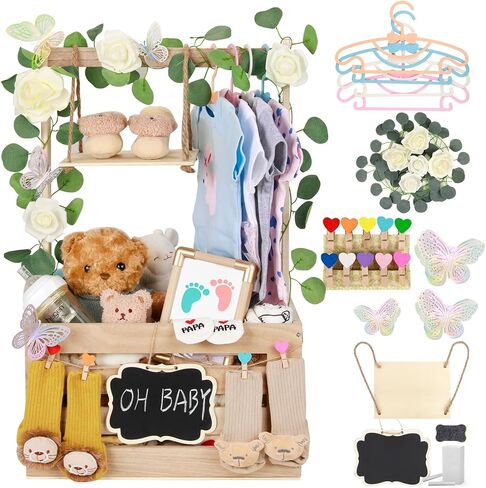 Wooden Baby Shower Crate Closet with Handle, Hangers & Garland, Large Capacity Baby Basket for Baby Shower, Customizable Wooden Crate Box Newborn Parents Welcome Gift (Natural Wood) in Saudi Arabia