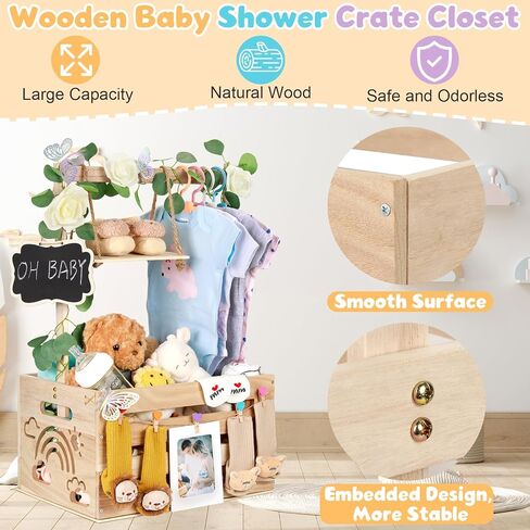 Wooden Baby Shower Crate Closet with Handle, Hangers & Garland, Large Capacity Baby Basket for Baby Shower, Customizable Wooden Crate Box Newborn Parents Welcome Gift (Natural Wood) in Saudi Arabia