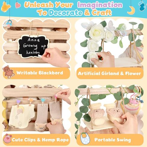 Wooden Baby Shower Crate Closet with Handle, Hangers & Garland, Large Capacity Baby Basket for Baby Shower, Customizable Wooden Crate Box Newborn Parents Welcome Gift (Natural Wood) in Saudi Arabia