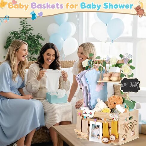 Wooden Baby Shower Crate Closet with Handle, Hangers & Garland, Large Capacity Baby Basket for Baby Shower, Customizable Wooden Crate Box Newborn Parents Welcome Gift (Natural Wood) in Saudi Arabia