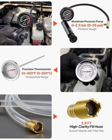 VEVOR Coolant Pressure Tester Kit, 47Pcs Radiator Vacuum Refill Kit with 3 Metal Adapters, Universal Fit, Automotive Cooling System Pressure Tester Tool, with Pressures Pump & Aluminum-Plastic Filler in Kuwait