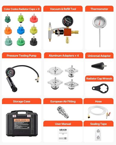 VEVOR Coolant Pressure Tester Kit, 47Pcs Radiator Vacuum Refill Kit with 3 Metal Adapters, Universal Fit, Automotive Cooling System Pressure Tester Tool, with Pressures Pump & Aluminum-Plastic Filler in Kuwait