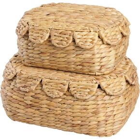 Boho Rattan Basket Set of 2, Scalloped Wicker Storage Baskets with Lids, Handwoven Woven Storage Basket Decorative Basket, Vintage Picnic Basket, Wicker Bread Basket, Natural Decorative Storage in Saudi Arabia
