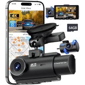 QCONTROL® Ultra-Sharp 4K Clarity 3 Channel Wireless Dash Cam أمامية وخلفية من الداخل، رؤية ليلية محسنة 6G WiFi 3 "كاميرا داش للسيارات، GPS دقيق 64 جيجابايت بطاقة Dashcam G-Sensor in Kuwait