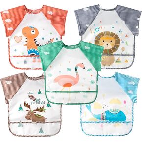 R HORSE 5Pcs Short Sleeved Bib for Baby Toddlers Waterproof Sleeved Infants Feeding Bib with Crumb Capacity Pocket Baby Shower Birthday Gifts for Boy Girl 0-36 Months in Saudi Arabia