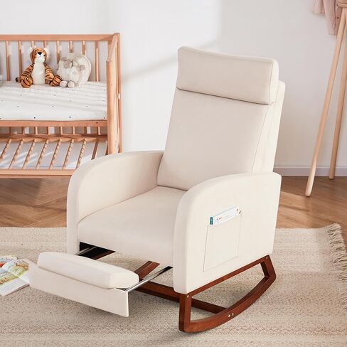كرسي هزاز مع مسند للقدمين، كرسي حضانة مريح بظهر مرتفع، كرسي هزاز للأطفال، كرسي رضاعة لغرفة المعيشة (بيج كتان) in Kuwait