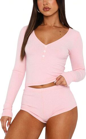 OYOANGLE Women's Pajama Set 2 Piece Long Sleeve T-shirt Top and Shorts Sleepwear Loungewear in Saudi Arabia