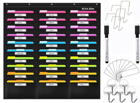 30 Folders Hanging Wall Organizer, 42" W x 47" H, Wall Mount or Door/Rod Mount, For Files, assignments, School, Office, College, Classroom, Dorm, Storage + Wall Mounting Hardware & Labels Included in Kuwait