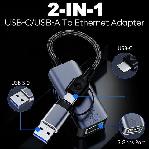 محول USB C إلى إيثرنت 5 جيجابت في الثانية، USB-A وUSB-C إلى RJ45 LAN 5000 ميجابت في الثانية محول شبكة سلكية، محول USB إلى إيثرنت متوافق مع Thunderbolt 4/5، MacBook، Windows، MacOS، Linux، iPhone 17/16/15 in Saudi Arabia