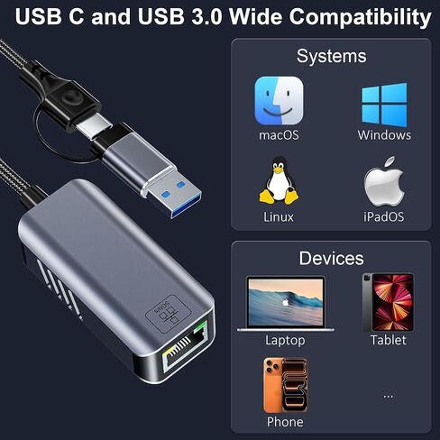 محول USB C إلى إيثرنت 5 جيجابت في الثانية، USB-A وUSB-C إلى RJ45 LAN 5000 ميجابت في الثانية محول شبكة سلكية، محول USB إلى إيثرنت متوافق مع Thunderbolt 4/5، MacBook، Windows، MacOS، Linux، iPhone 17/16/15 in Saudi Arabia