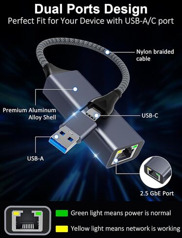 محول USB C إلى إيثرنت 2.5 جيجابت في الثانية، 2 في 1 USB 3.0 ومحول شبكة USB-C إلى RJ45، محول جيجابت LAN بسرعة 2500 ميجا بت في الثانية مع غلاف من الألومنيوم، التوصيل والتشغيل لـ NAS، MacBook Air/Pro، XPS، iPhone 17 Pro/Max in Saudi Arabia
