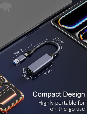 محول USB C إلى إيثرنت 2.5 جيجابت في الثانية، 2 في 1 USB 3.0 ومحول شبكة USB-C إلى RJ45، محول جيجابت LAN بسرعة 2500 ميجا بت في الثانية مع غلاف من الألومنيوم، التوصيل والتشغيل لـ NAS، MacBook Air/Pro، XPS، iPhone 17 Pro/Max in Saudi Arabia