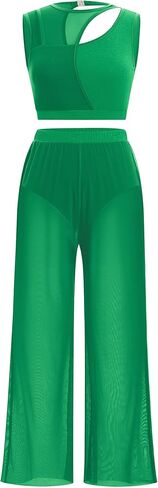 ODASDO Women Lyrical Dance Costume Contemporary Dancewear Two Piece Outfit Tank Crop Tops with Mesh Wide Leg Pants in Saudi Arabia