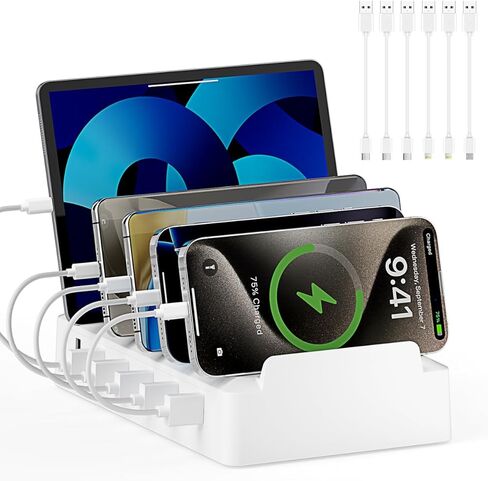 Charging Station for Multiple Devices, 6 Port Charger Stations with Flame-Retardant Material & 6 Cables for Apple, Android, iPad, Office Desk Charging Dock Organizer (Black) in Saudi Arabia