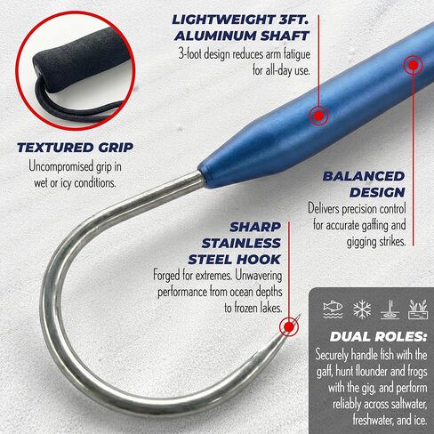 Rite Angler Aluminum Fishing Gaff Hook - Saltwater, Ice Fishing, Gig Pole, Flounder Frog Gigging Equipment, Fish Gaff Hook Holder for Outdoor Adventures - 3" in Saudi Arabia