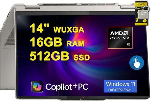 Lenovo Yoga 7 2 في 1 كمبيوتر محمول 14 بوصة WUXGA OLED Touch (100% DCI-P3، 600nits HDR) AMD 6-core Ryzen AI 5 340 (ما يصل إلى 50 TOPS) 16 جيجابايت DDR5 512 جيجابايت SSD للمصممين المحترفين Win11Pro ICP Hub Copilot AI in Kuwait