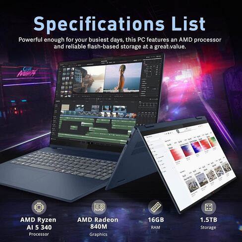 Lenovo Ideapad 5 16" WUXGA Touchscreen 2-in-1 Laptop, AMD Ryzen AI 5 340, 16GB RAM, 1.5TB Storage(512GB SSD+1TB Docking Station Set), Backlit Keyboard, Radeon 840M, Wi-Fi 6, Win 11 Pro, Blue in Saudi Arabia