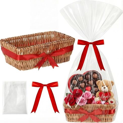 Christmas Wicker Gift Basket Empty to Fill 12x7x5" Woven Empty Baskets for Gifts with Bag and Bow Ribbon for Christmas Baby Shower Birthday Wedding Favor Wrapping(Wood Color) in Saudi Arabia