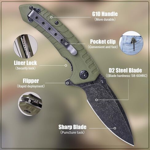 سكين جيب قابل للطي، 3.3 بوصة D2 شفرة فولاذية G10 مقبض سكين EDC صغير مع قفل بطانة، مشبك جيب للرجال والنساء، أداة مثالية للتخييم والصيد والبقاء على قيد الحياة in Kuwait