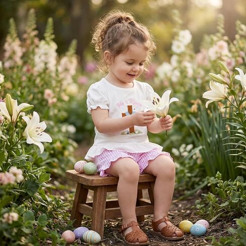 Toddler Baby Girl Easter Outfit He Is Risen Cross Embroidery Short Sleeve T-Shirt Plaid Shorts Set Christian Clothes in Saudi Arabia