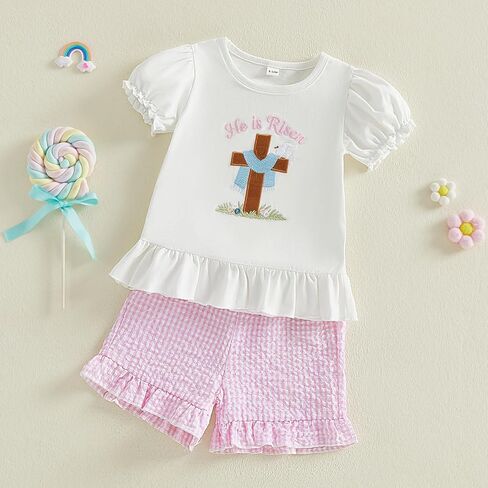 Toddler Baby Girl Easter Outfit He Is Risen Cross Embroidery Short Sleeve T-Shirt Plaid Shorts Set Christian Clothes in Saudi Arabia