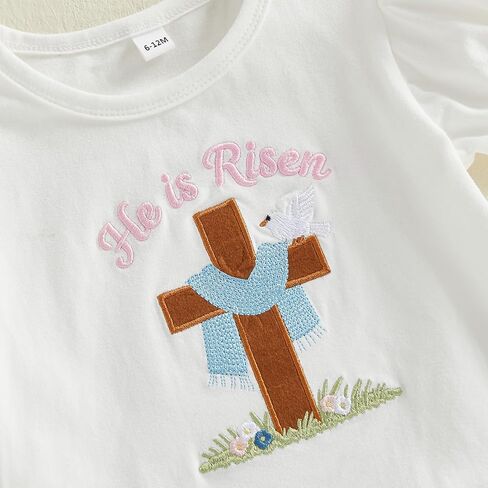 Toddler Baby Girl Easter Outfit He Is Risen Cross Embroidery Short Sleeve T-Shirt Plaid Shorts Set Christian Clothes in Saudi Arabia