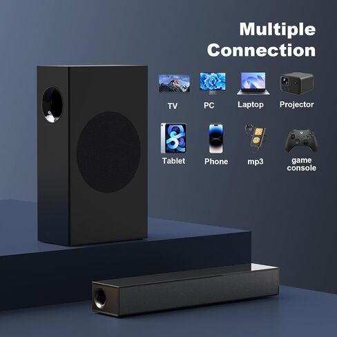 شريط صوت بقدرة 120 واط، نظام صوت محيطي 2.1 قناة للتلفزيون، مكبر صوت مع مضخم صوت للمسرح المنزلي، شريط صوت للتلفزيون الذكي مع مكبري صوت متوسطي التردد العالي، تلفزيون/ألعاب/أجهزة عرض، يمكن تثبيته على الحائط in Kuwait