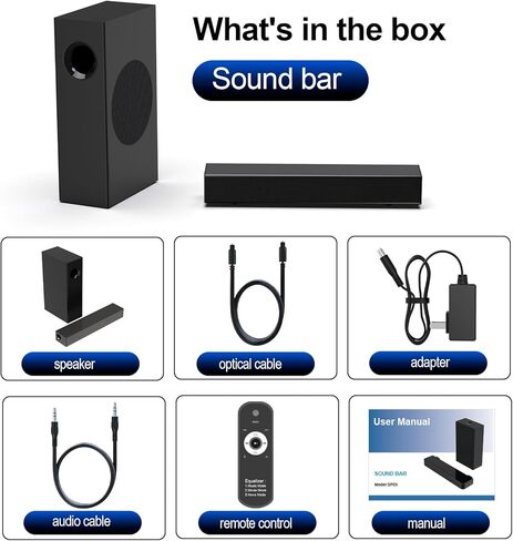 شريط صوت بقدرة 120 واط، نظام صوت محيطي 2.1 قناة للتلفزيون، مكبر صوت مع مضخم صوت للمسرح المنزلي، شريط صوت للتلفزيون الذكي مع مكبري صوت متوسطي التردد العالي، تلفزيون/ألعاب/أجهزة عرض، يمكن تثبيته على الحائط in Kuwait