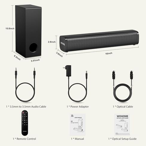 Wohome Sound Bar for Smart TV with Wired Subwoofers, 2.1 Channel Small TV Soundbar Speakers, Home Theater Surround Sound System, Bluetooth 5.3/ Optical/AUX Connectivity in Kuwait
