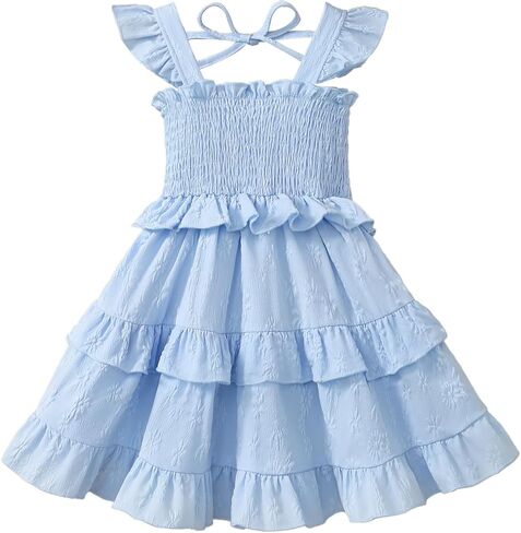 Toddler Girl Summer Dress Kids Ruffle Sleeve Floral Layered Dresses for Little Girls Smock Outfits Casual Beach Sundress in Saudi Arabia
