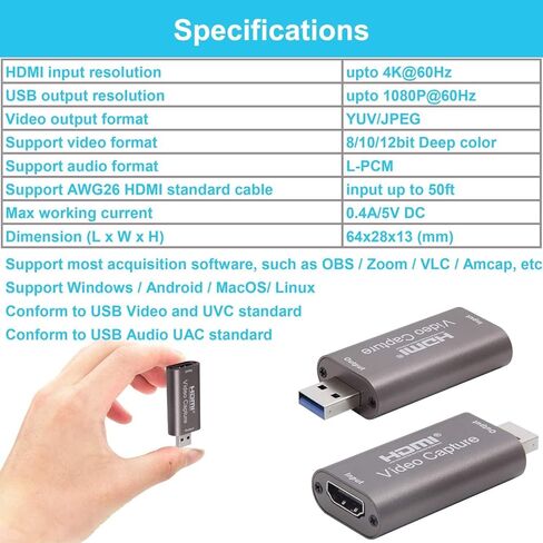 بطاقة التقاط HDMI إلى USB بدقة 4K، جهاز بطاقة التقاط الفيديو، مسجل فيديو عالي الدقة 1080 بكسل، بطاقة التقاط الألعاب للبث والتسجيل والألعاب والبث والتدريس وPS3/4 وXbox ومتوافق مع Twitch، (رمادي فضي) in Kuwait