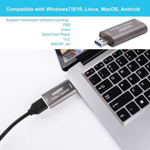 بطاقة التقاط HDMI إلى USB بدقة 4K، جهاز بطاقة التقاط الفيديو، مسجل فيديو عالي الدقة 1080 بكسل، بطاقة التقاط الألعاب للبث والتسجيل والألعاب والبث والتدريس وPS3/4 وXbox ومتوافق مع Twitch، (رمادي فضي) in Kuwait