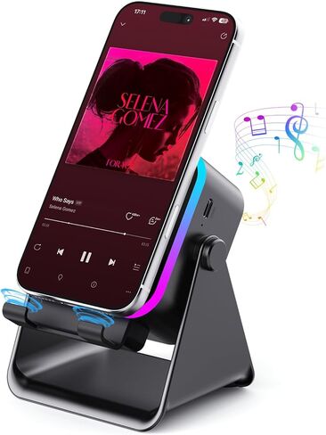 Wireless Bluetooth Induction Speaker, Phone Speaker Amplifier with Colorful Lights & 3500mAh Battery, Portable Phone Stand Compatible with iPhone/iPad/Android/Samsung - Black in Saudi Arabia