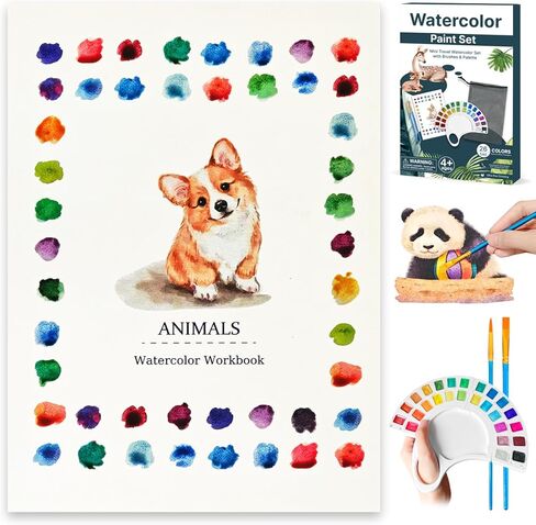 Watercolor Workbook, Water Coloring Book with 13 Pages 300GSM Paper, 26 Colors Watercolor Paint Set with Brush & Storage Bag, Beginner-Friendly Coloring Book for Adults - Animal Theme Art Kit in Saudi Arabia