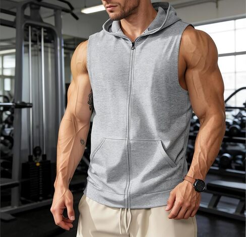 Men's Workout Hooded Tank Tops Zip Up Sleeveless Shirts Muscle Workout Gym Casual Tees in Saudi Arabia