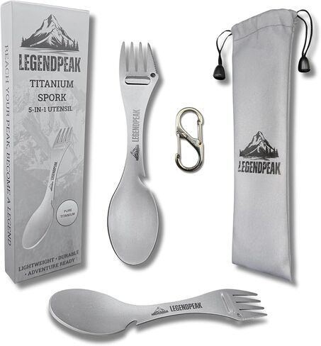 Titanium Camping Spork - LegendPeak - Lightweight 5-in-1 Multi-Tool Utensil Spoon, Fork, Knife, Bottle Opener, Peeler with Travel Pouch & Carabiner – Backpacking, Hiking, Survival Gear (Single Pack) in Saudi Arabia