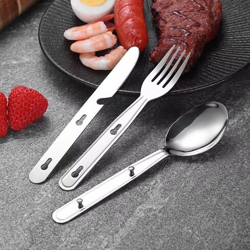 Stainless Steel Travel Utensil Set, 3-Piece Portable Flatware with Spoon, Fork, Knife, Lightweight Camping Cutlery, Interlocking Design, 6 inches, Canvas Carrying Case Included in Saudi Arabia