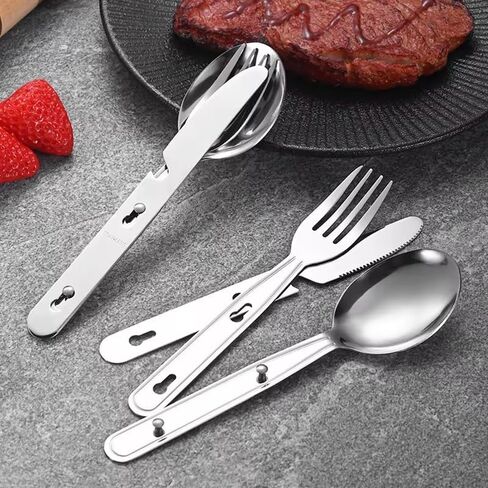 Stainless Steel Travel Utensil Set, 3-Piece Portable Flatware with Spoon, Fork, Knife, Lightweight Camping Cutlery, Interlocking Design, 6 inches, Canvas Carrying Case Included in Saudi Arabia