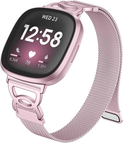سوار معدني على شكل تيار مستمر من Ouwegaga متوافق مع Fitbit Versa 4 Bands/Versa 3/Sense/Sense 2 Bands للنساء، حزام مغناطيسي فريد من نوعه رفيع من الفولاذ المقاوم للصدأ بحلقة شبكية ميلانو متوافق مع ساعة Fitbit الذكية in Kuwait