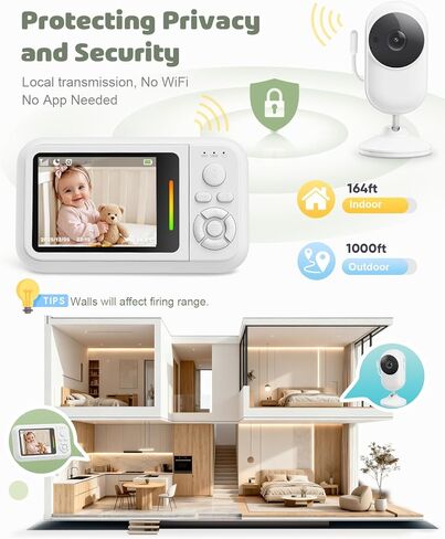 جهاز مراقبة الأطفال بدون شبكة WiFi مع مشبك تثبيت، جهاز مراقبة أطفال لاسلكي مقاس 2.8 بوصة مزود بكاميرا وصوت، فيديو بدقة 1080 بكسل، رؤية ليلية، VOX، مستشعر درجة الحرارة، صوت ثنائي الاتجاه، تهويدات in Kuwait