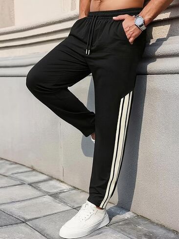 Men's Comfort Fit Straight Leg Long Pants 1-Pack Side Pockets Casual Striped Bottoms for School Street Daily Trendy Wear Blac in Saudi Arabia
