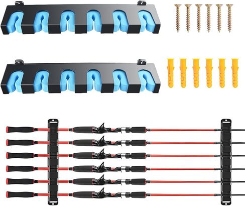 Fishing Rod Holder - Wall Mounted Rack Organizer Holds 6 Rods & Combos Fishing Pole Holders for Garage, Boat, or Home Storage 12.6" Space-Saving Design Fits Most Rod Diameters (Horizontal(Black-Blue)) in Saudi Arabia