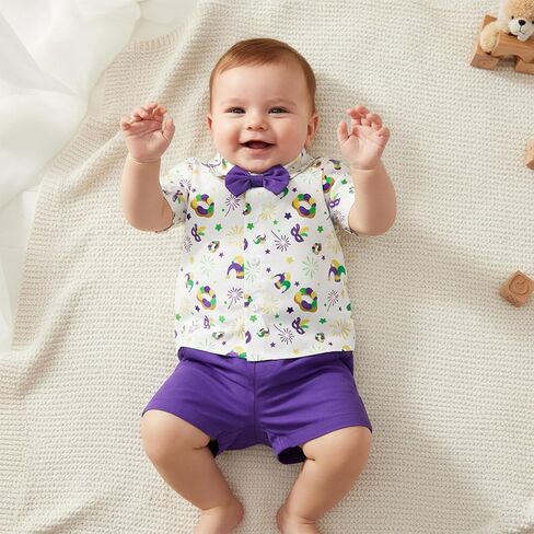 طقم ملابس Hekkomird Baby Boy Mardi Gras لطيف على شكل كعكة King بأكمام قصيرة وقميص وسروال قصير للأطفال الصغار in Saudi Arabia