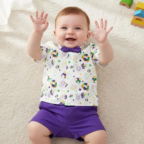 طقم ملابس Hekkomird Baby Boy Mardi Gras لطيف على شكل كعكة King بأكمام قصيرة وقميص وسروال قصير للأطفال الصغار in Saudi Arabia